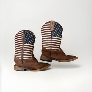 Twister Boys Western Boots American Flag Pull On Youth Size 10 Brown Leather